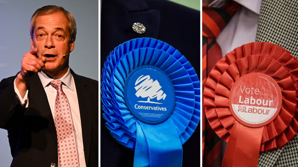 Nigel Farage (left), Conservative badge (middle), Labour badge (right)