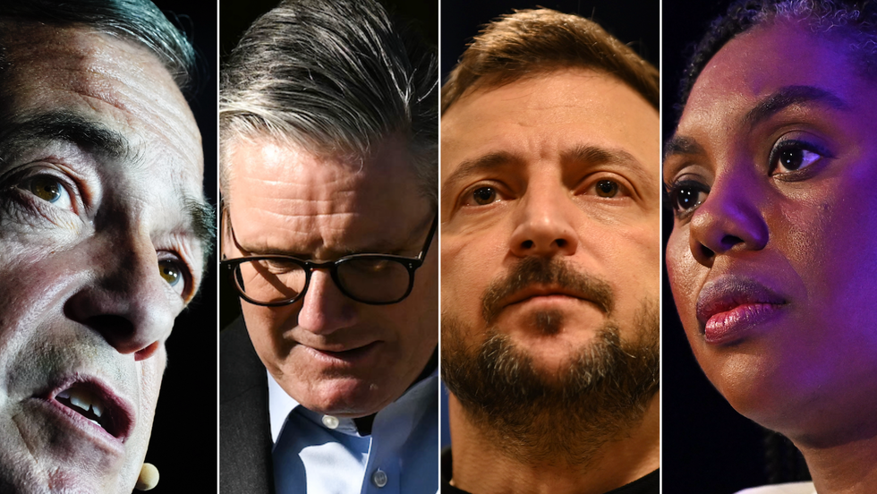 Nigel Farage (left), Keir Starmer (second from left), Volodymyr Zelensky (middle), Kemi Badenoch (right)