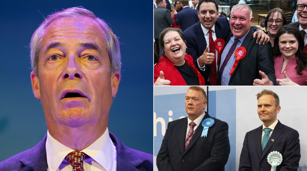 Nigel Farage (left), Labour won the Hamilton seat with 8,559 votes, a majority of 602 over the SNP (top right), Reform's Ross Lambie (right) knocked the Tories into fourth place (bottom right)
