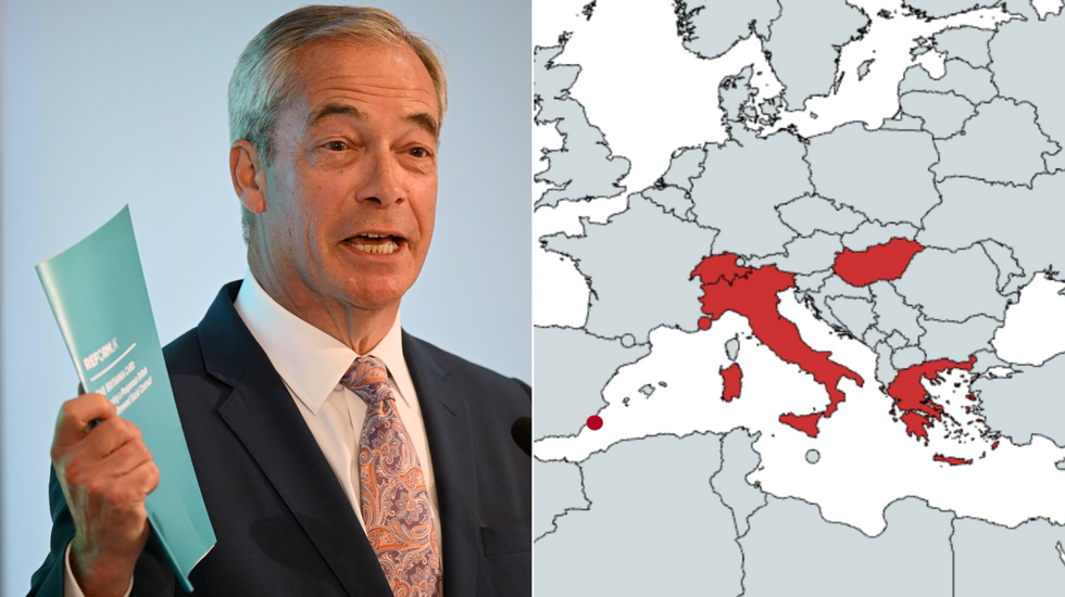 Nigel Farage (left), map showing flat tax regions (right)