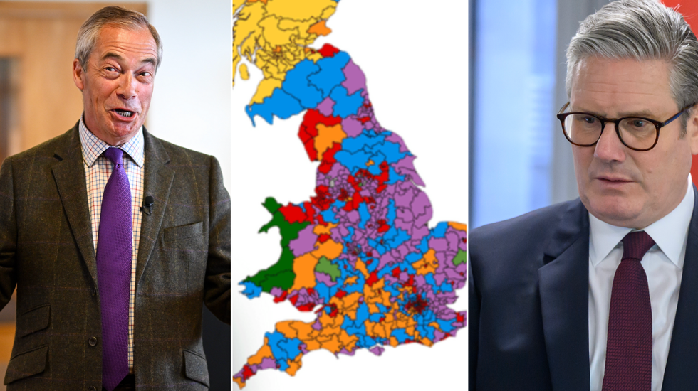 Nigel Farage (left), Reform UK electoral map (middle), Keir Starmer (right)