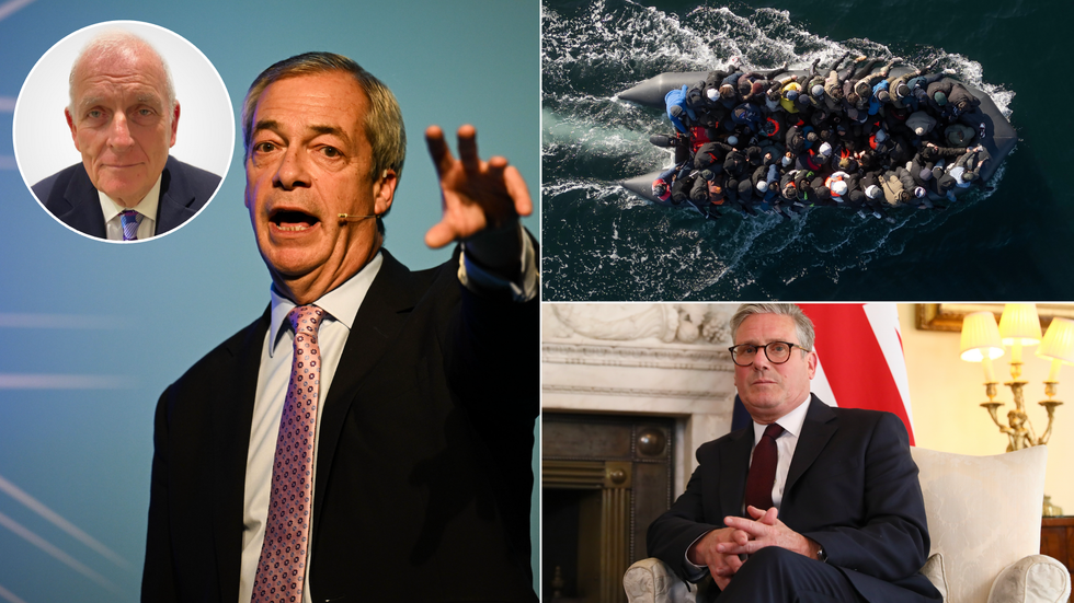 Nigel Farage (left), small boat crossings (top right), Keir Starmer (bottom right)