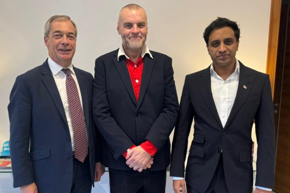 Nigel Farage (left), \u200bTim Montgomerie (middle), Zia Yusuf, the chairman of Reform (right)