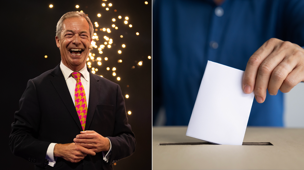 Nigel Farage (left), voting ballot box (right)