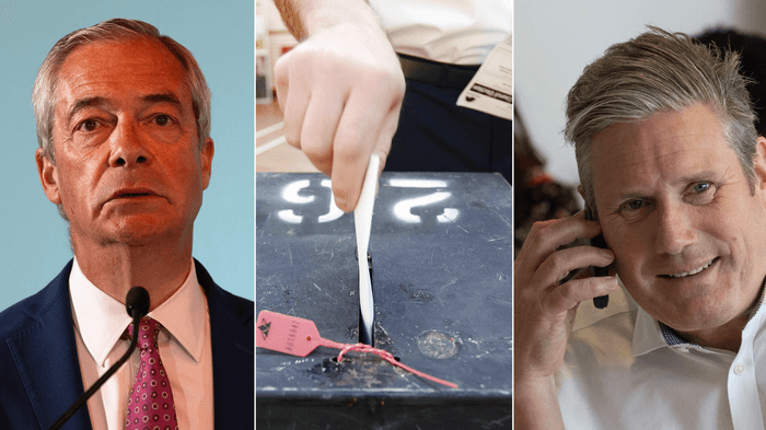 Nigel Farage (left), voting in ballot box (middle), Keir Starmer (right)
