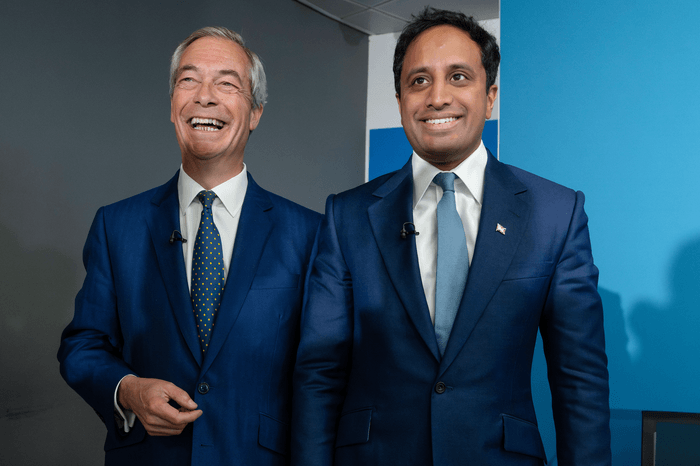Nigel Farage (left), Zia Yusuf (right)
