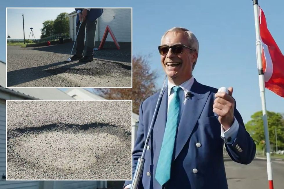 Nigel Farage playing 'pothole golf' and posing with a golf club