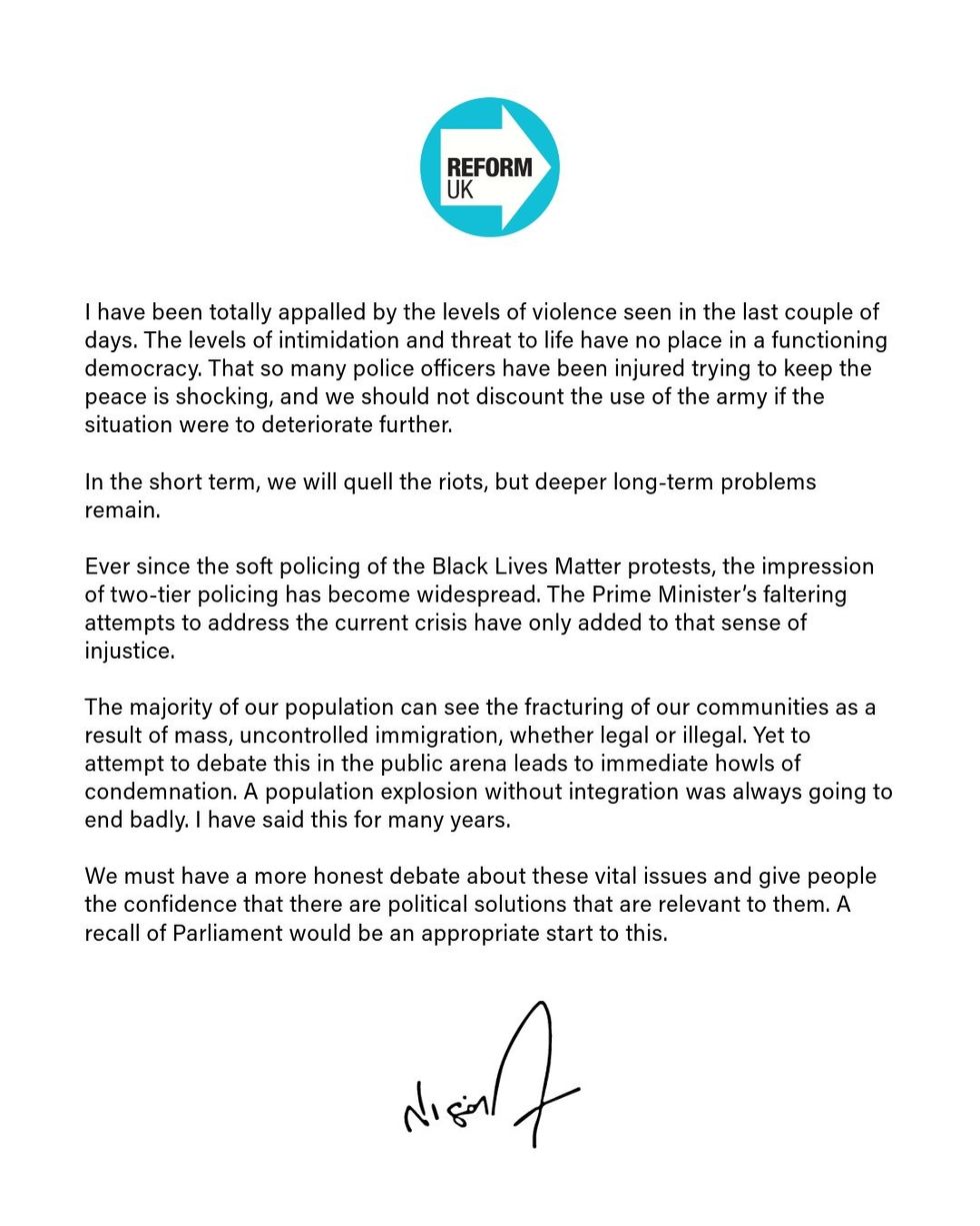 Nigel Farage released a statement about the riots over the weekend