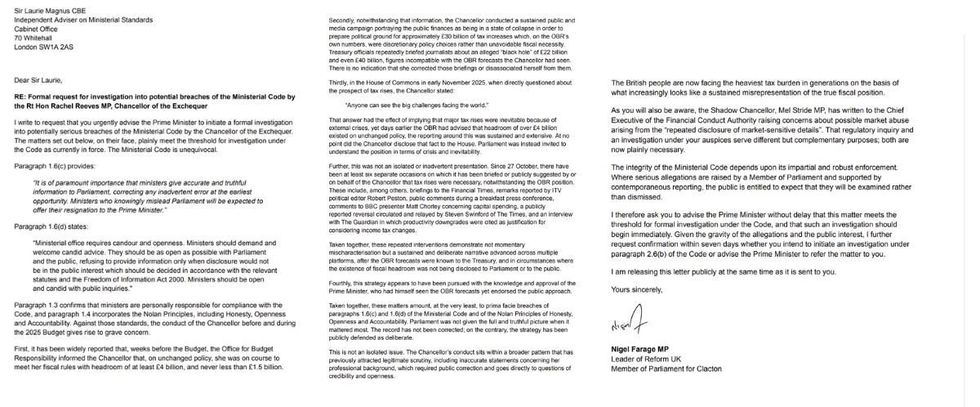 Nigel Farage's full letter to Sir Magnus Laurie