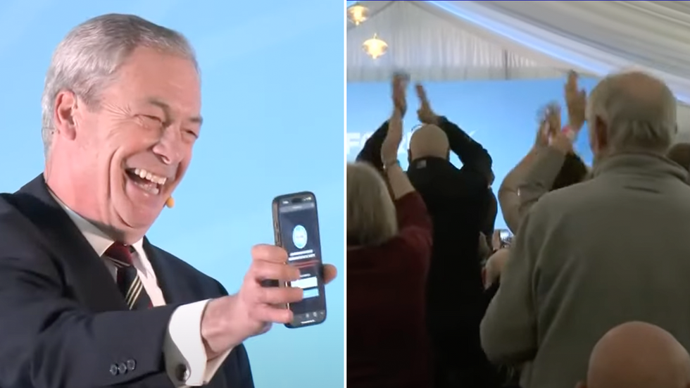 Nigel Farage shows off the live Reform membership ticker to the crowd\u200b