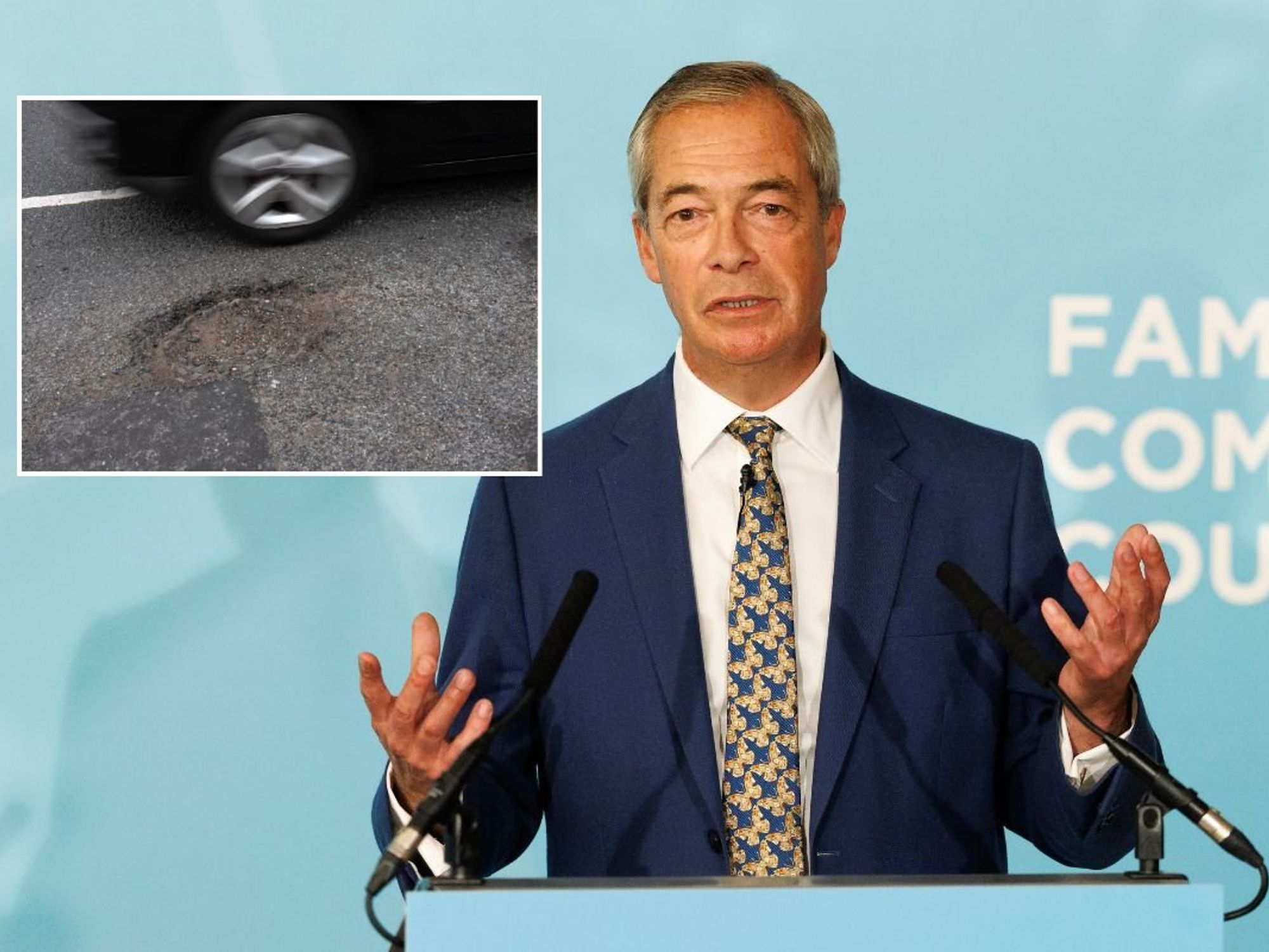 Nigel Farage speaking on stage