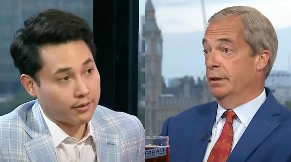 Nigel Farage speaking to Andy Ngo in Westminster