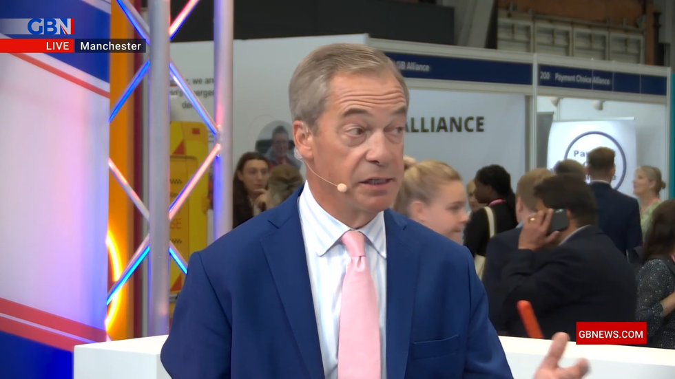 Nigel Farage speaks to GB News at the Conservative Party Conference