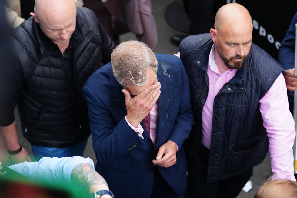 Nigel Farage wipes milkshake off his head