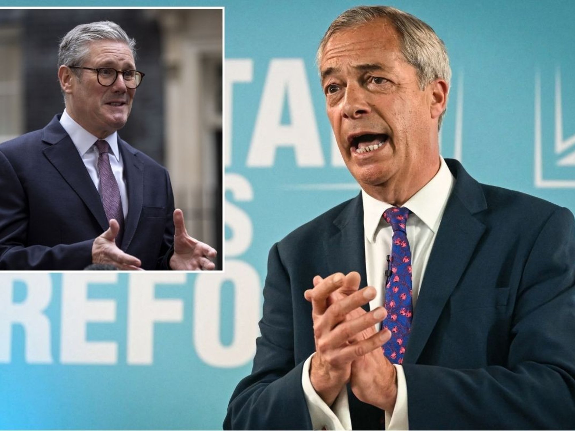 Nigel Farage with an inset of Keir Starmer