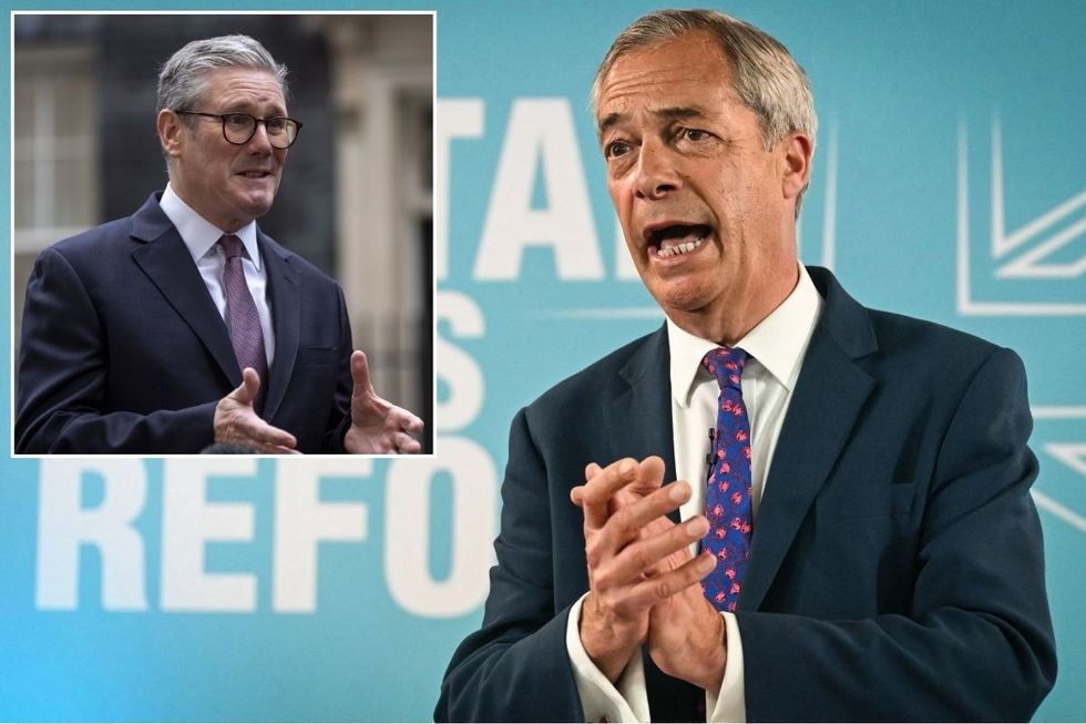 Nigel Farage with an inset of Keir Starmer