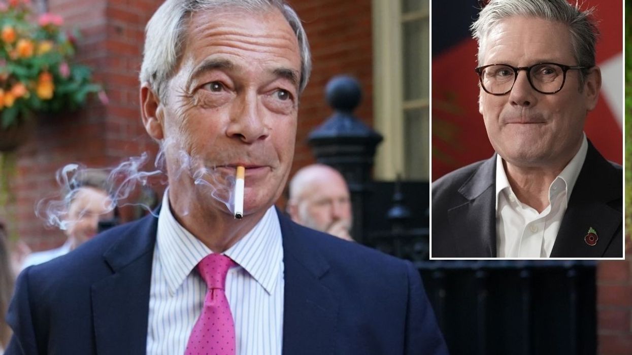 Nigel Farage with an inset of Keir Starmer