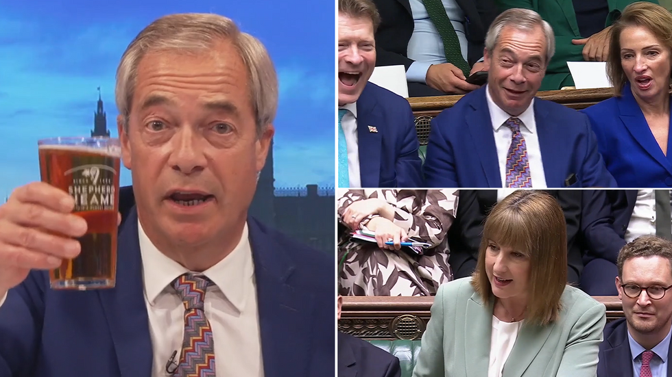 Nigel Farage with inset images from the moment Rachel Reeves took a swipe at the Reform leader