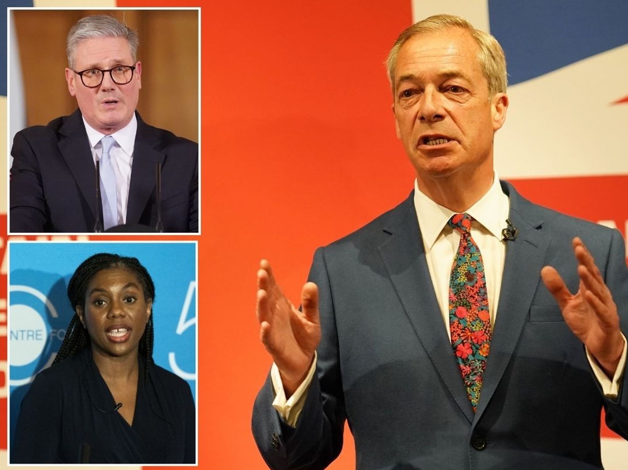 Nigel Farage with insets of Keir Starmer and Kemi Badenoch