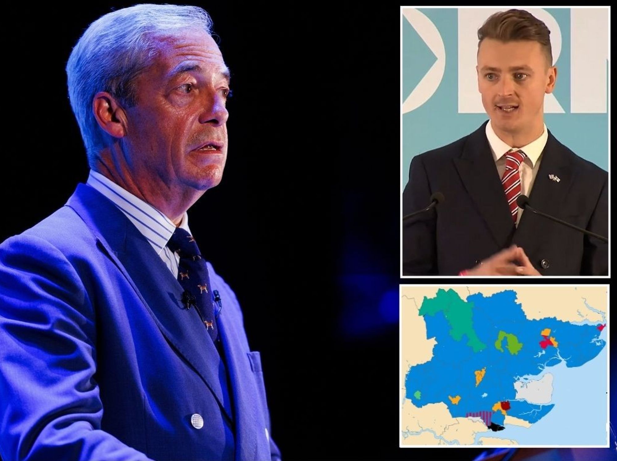 Nigel Farage with insets of Tom Allison and a map of Essex County Council wards