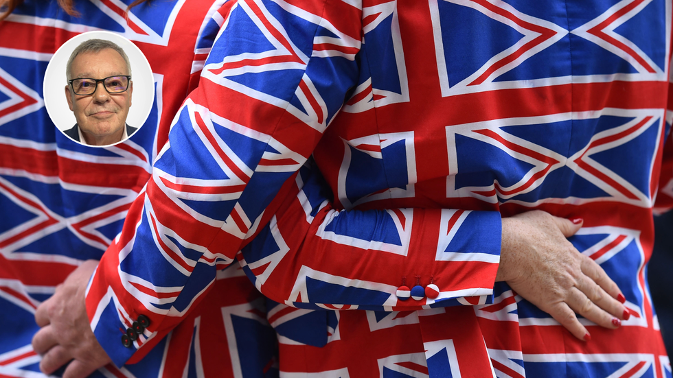 Nigel Nelson (left), a couple wear matching Union Jack suits