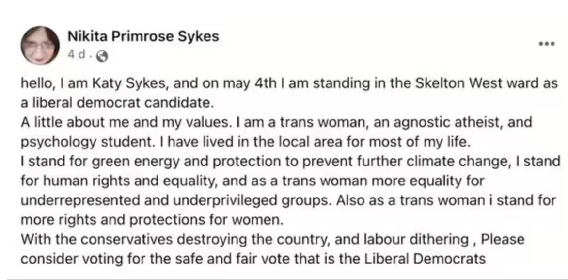 Nikita Primose Sykes' Facebook post