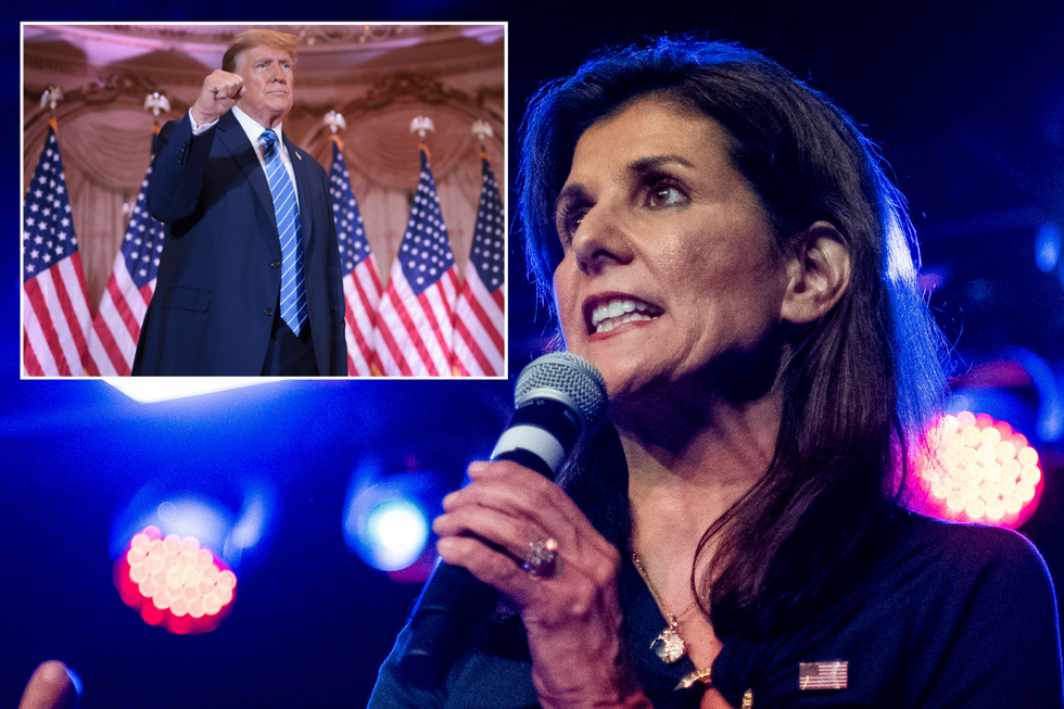 Nikki Haley with inset of Donald Trump