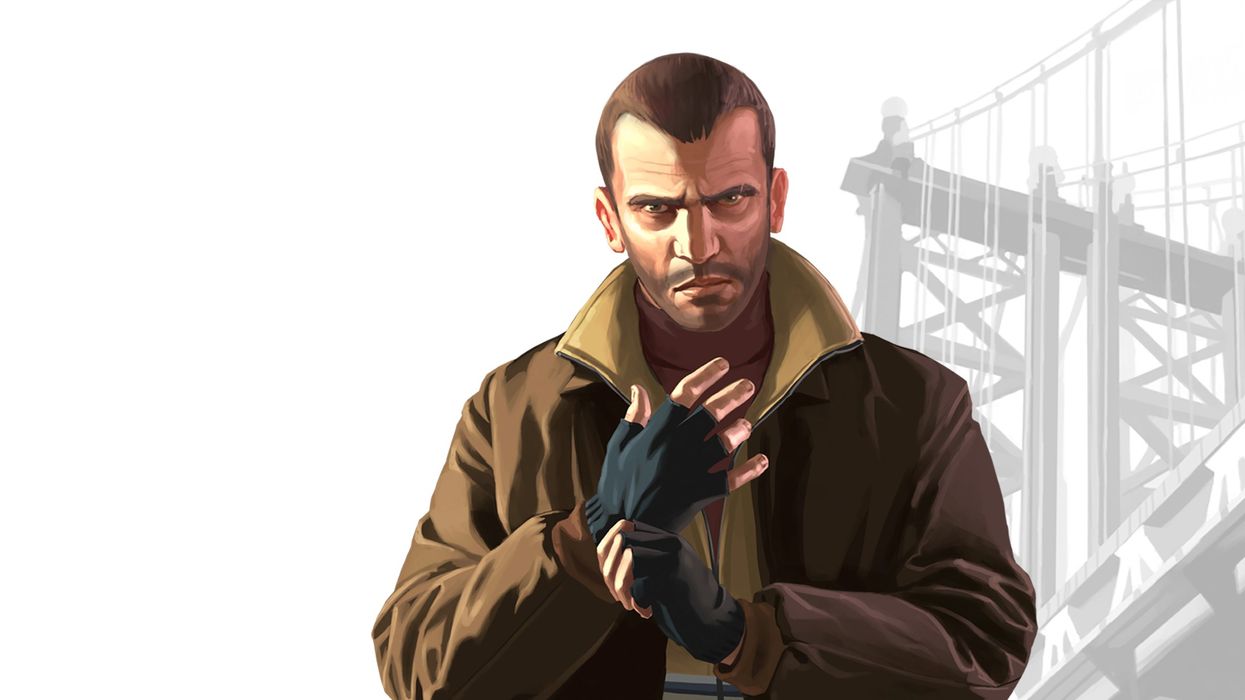 Niko Bellic from Grand Theft Auto 4 pictured in the classic GTA artwork style
