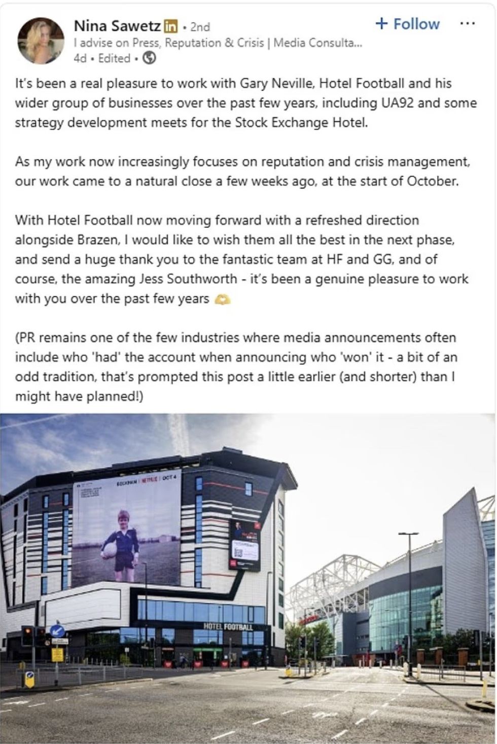 Nina Sawetz posted a full statement on LinkedIn