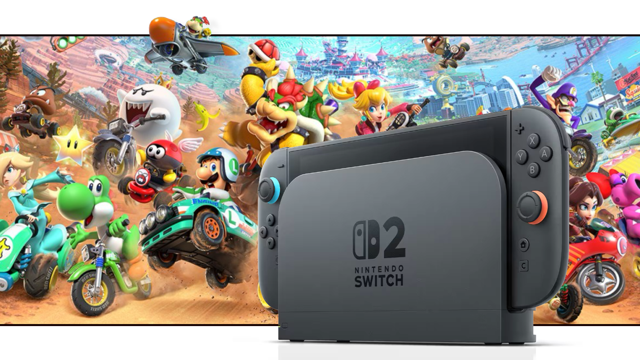 Nintendo Switch 2 console pictured in its dock, which brings the action onto the big screen, with artwork from the new Mario Kart World title in the background