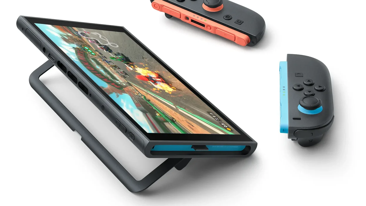 Nintendo Switch 2 console pictured in tabletop mode with the colourful Joy-Con 2 controllers resting on the table