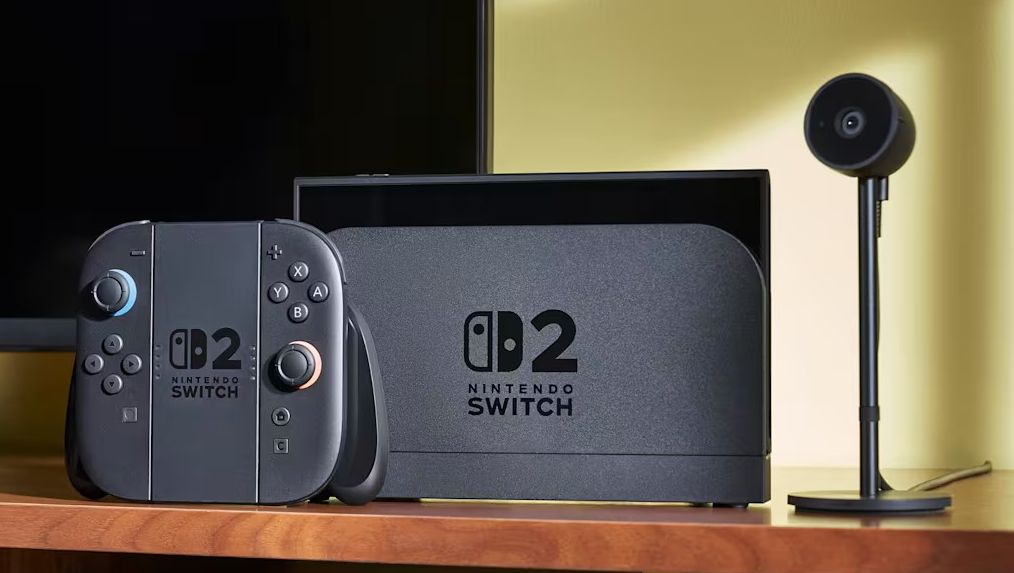 Nintendo Switch 2 shown in the dock with the optional camera accessory