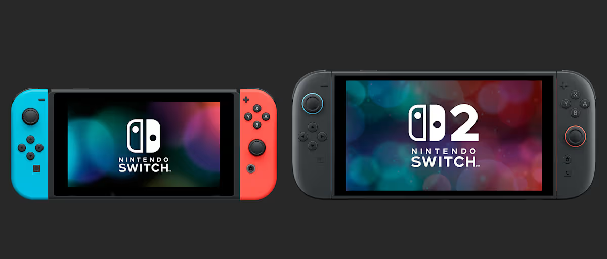 nintendo switch with red and blue Joy Con controllers pictured next to a nintendo switch 2