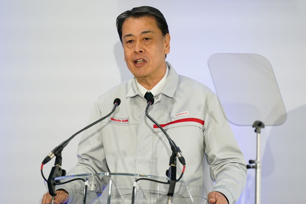 Nissan President and CEO Makoto Uchida speaking at the Nissan car plant in Sunderland