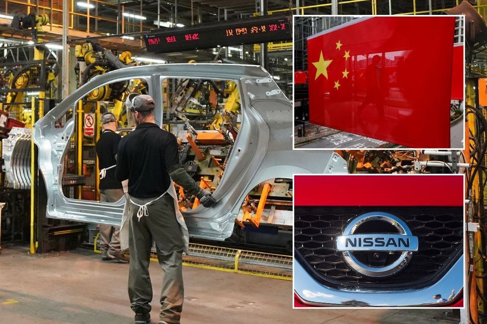 Nissan's Sunderland factory, a Chinese flag and the Nissan logo