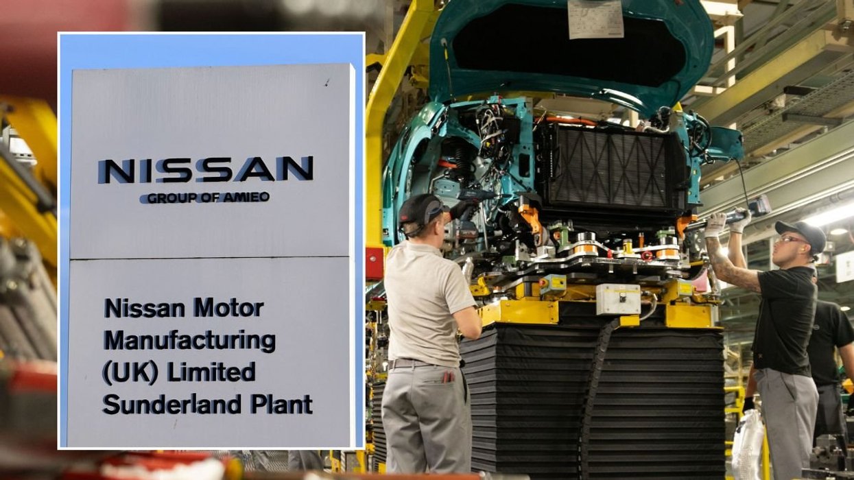 Nissan Sunderland sign and car building at the Nissan factory in Sunderland