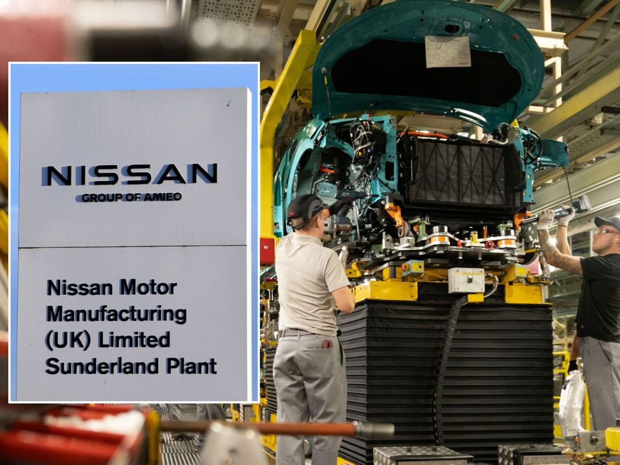 Nissan Sunderland sign and car building at the Nissan factory in Sunderland