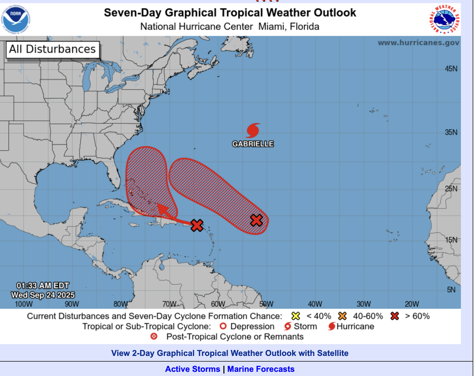 NOAA weather map shows two potential storms following Gabrielle in the Atlantic
