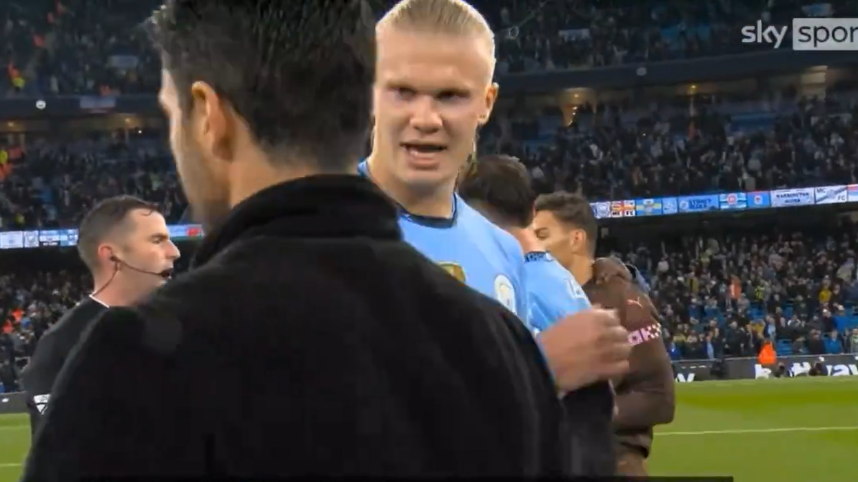 Footage captures Erling Haaland's fiery two-word message to Mikel Arteta after Man City and Arsenal draw