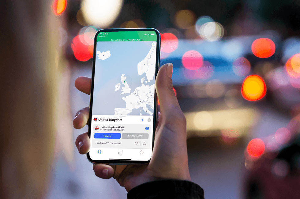 nordvpn app in hand showing it connected to the nearest vpn