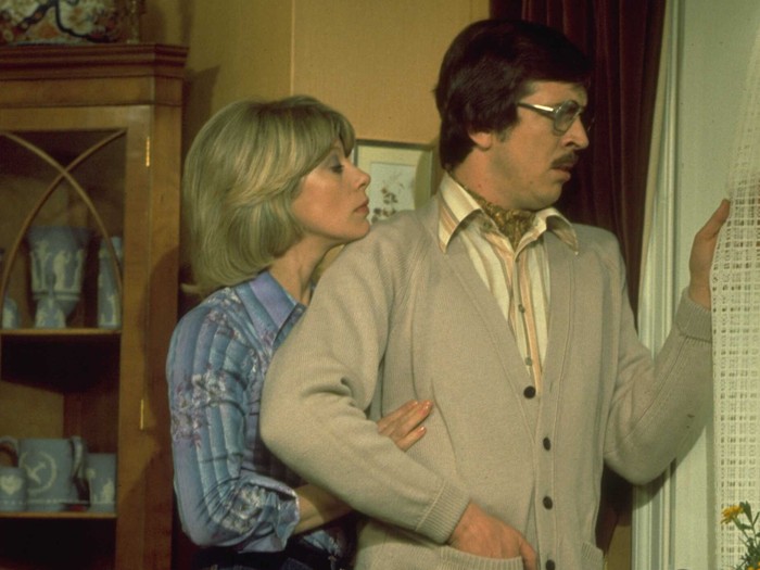 Norman Eshley and Sheila Fearn in character as Jeffrey and Ann Fourmile on the set of sitcom George And Mildred