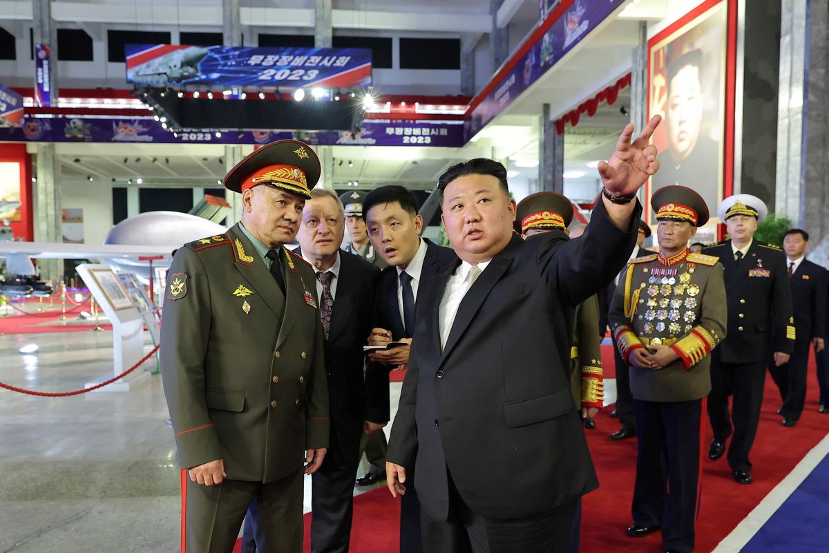 Kim Jong-un shows off nuclear missiles to Russia’s defence minister and Chinese delegation