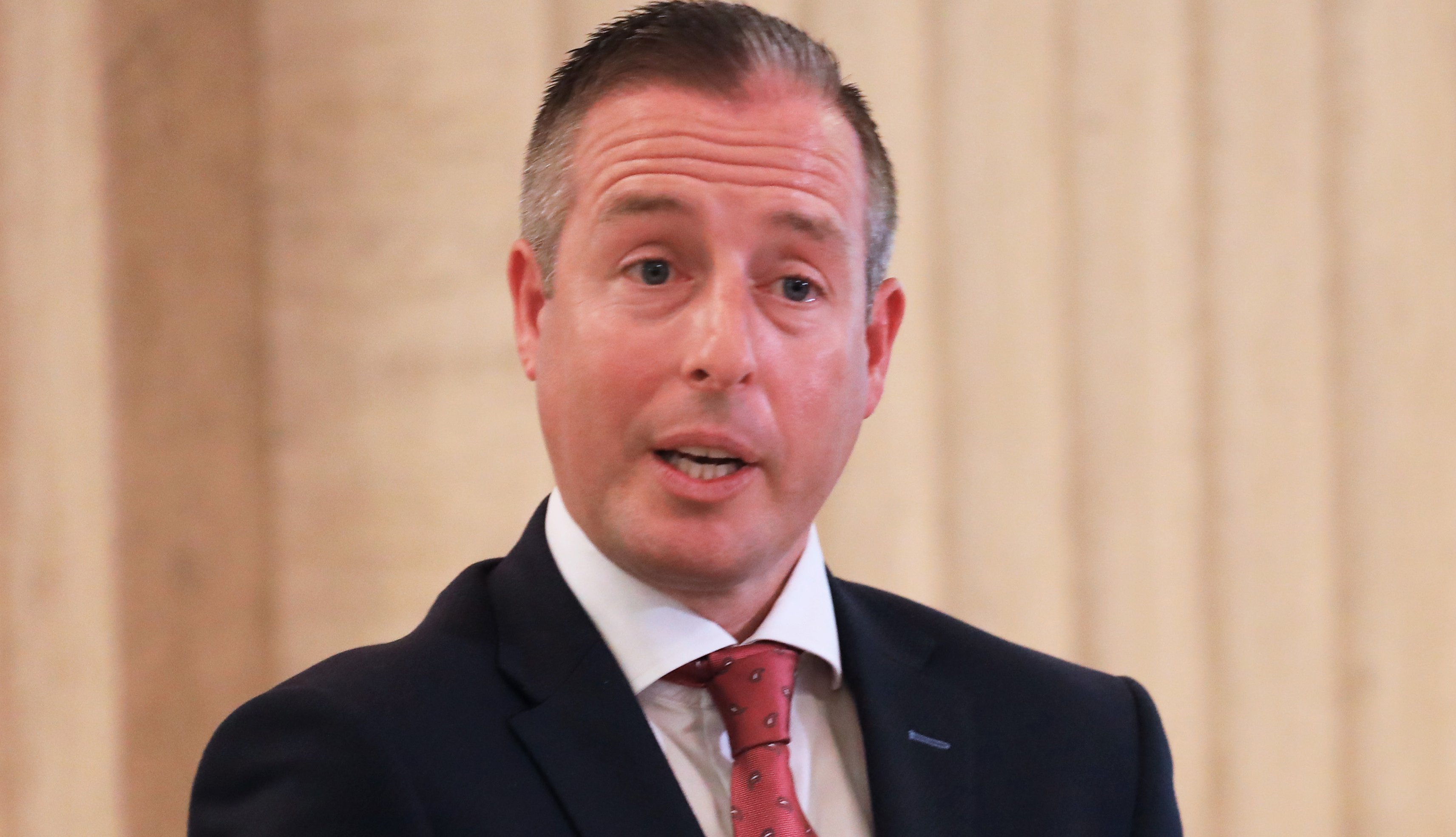 Northern Ireland First Minister Paul Givan speaks to the media during a press conference at Stormont.