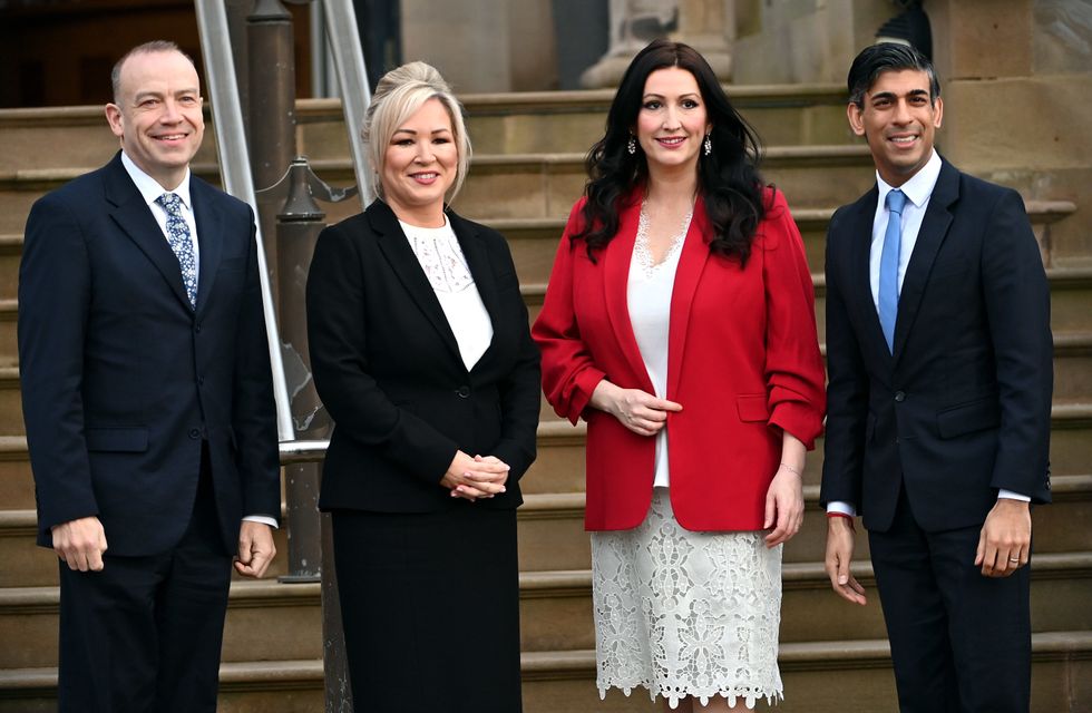 Northern Ireland Secretary Chris Heaton-Harris, First Minister Michelle O'Neill, Deputy First Minister Emma Little-Pengelly and Prime Minister Rishi Sunak at Stormont Castle