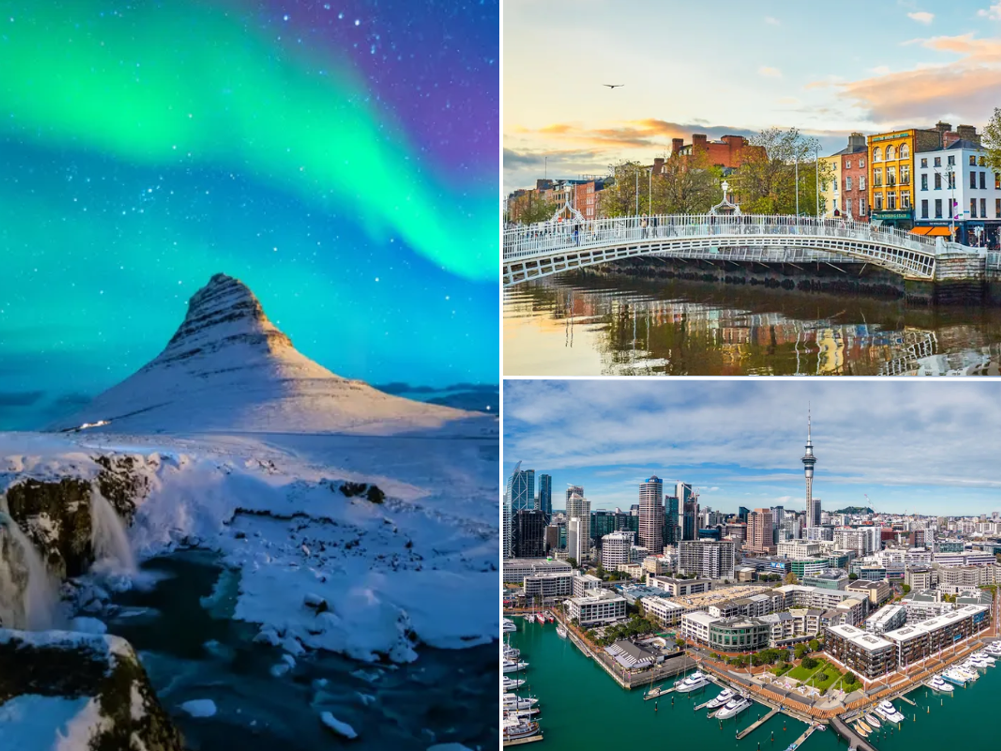 Northern Lights Iceland / Dublin bridge / Auckland Viaduct Harbour, New Zealand