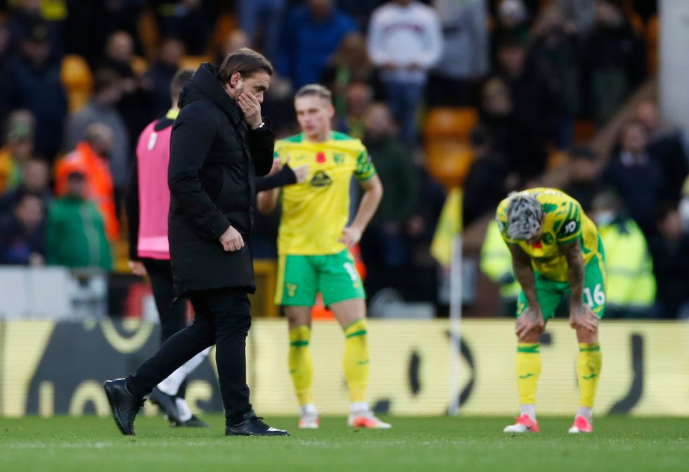 Norwich City manager Daniel Farke looks dejected after the match