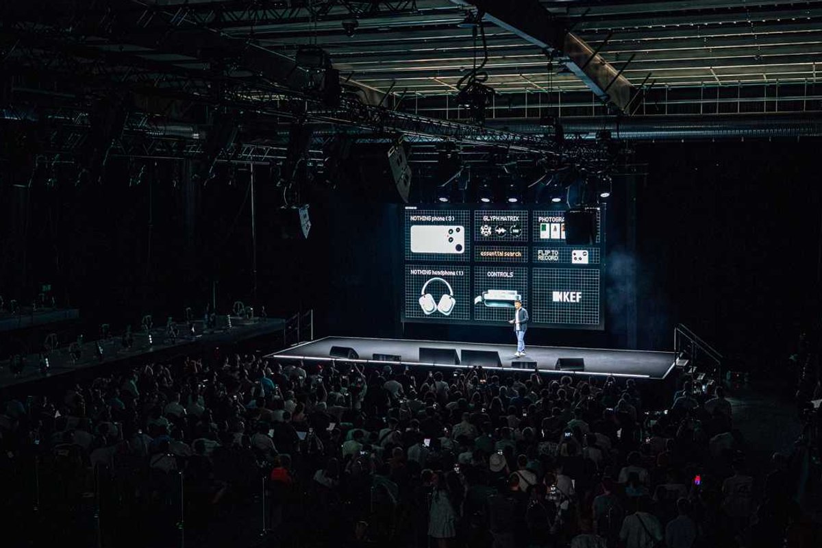 Nothing founder Carl Pei on-stage talking about Phone 3 and Headphone 1