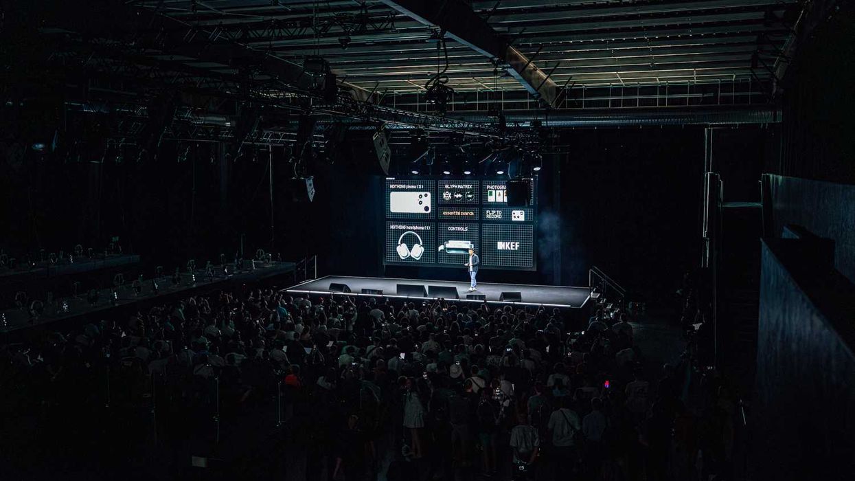 Nothing founder Carl Pei on-stage talking about Phone 3 and Headphone 1