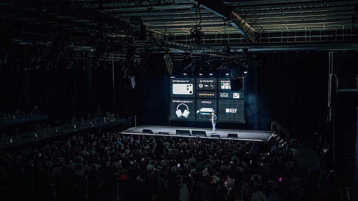 Nothing founder Carl Pei on-stage talking about Phone 3 and Headphone 1