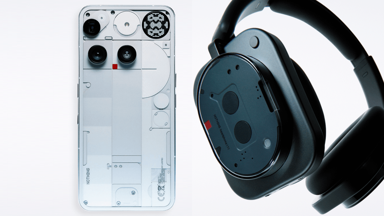 nothing phone 3 and nothing headphone 1 pictured in black and white side by side on a grey background